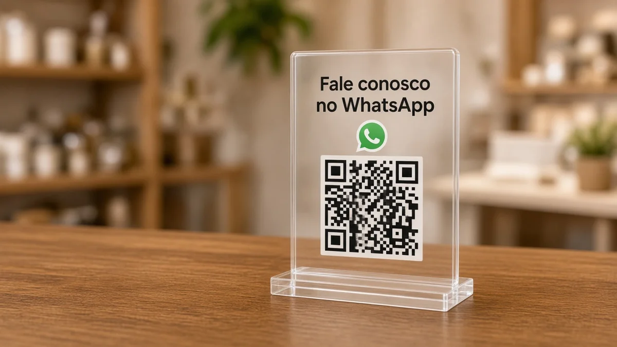 Plaquinha com QR Code do WhatsApp sobre o balcão de uma loja